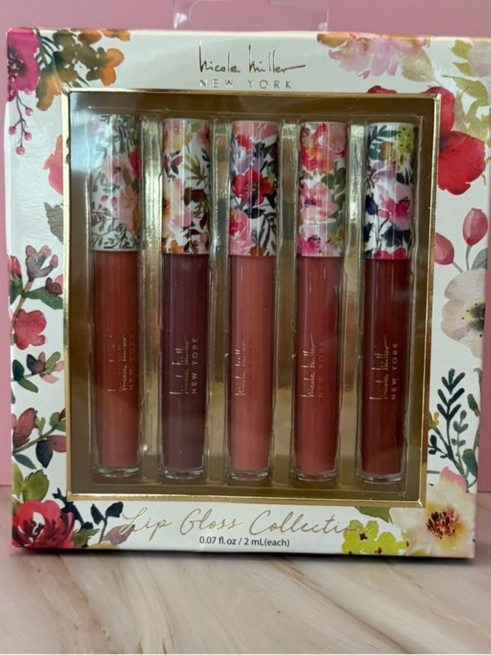 Nicole Miller Floral Lip Gloss Set - Pink, Berry, Neutral Shades - Set of 5